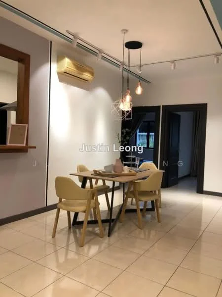 Dining features: dining table with four chairs, pendant light fixture, wall-mounted air conditioning unit, cream painted walls, tile flooring, wooden framed mirror, dark wooden door, decorative plant on table; style: modern.