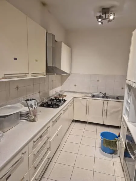Kitchen features: white cabinetry, stainless-steel range hood, 4-burner gas hob, double-bowl stainless-steel sink, white countertop, ceramic tile flooring, wall-mounted lighting, white tiled backsplash, built-in oven, microwave, dishwasher, open shelving, stacked plates, blue bucket, cleaning cloth; style: modern.