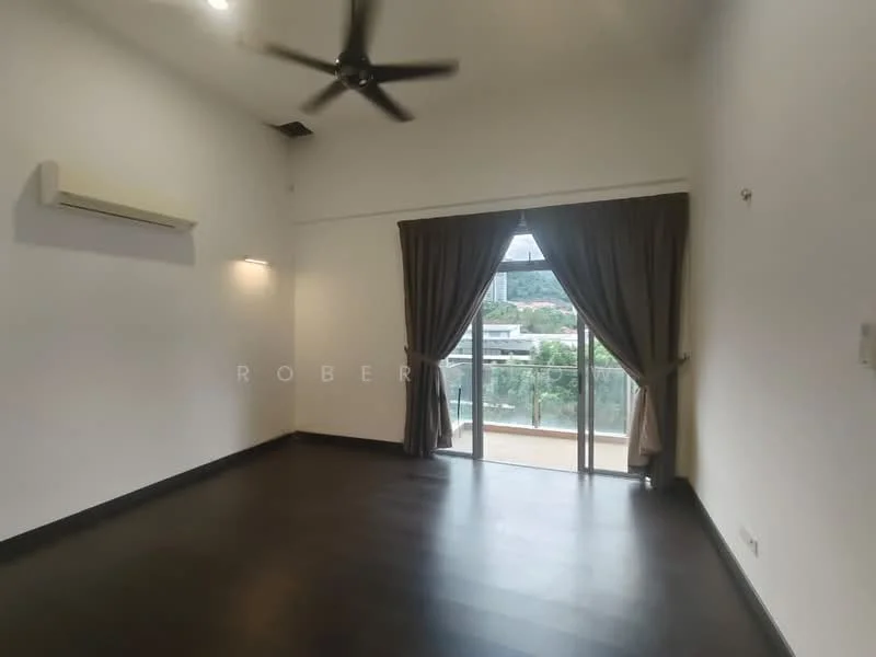 Room features: dark wood flooring, white painted walls, ceiling fan, floor-to-ceiling sliding glass door, curtains, balcony access, wall-mounted air conditioning unit, recessed lighting; style: modern; view: city.