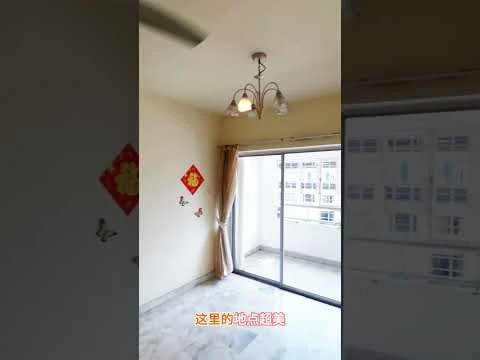 Room features: cream painted walls, marble flooring, ceiling light fixture with multiple bulbs, floor-to-ceiling sliding glass door, curtains, decorative wall art, butterfly wall decals; style: modern; view: city.