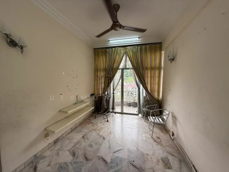 Room features: marble flooring, white painted walls, ceiling fan, floor-to-ceiling windows, sheer curtains, balcony door, 2 metal chairs, wall-mounted light fixtures, decorative wall shelf.
