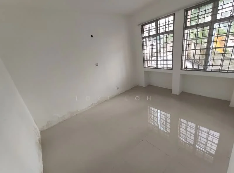 Room features: white painted walls, glossy tile flooring, floor-to-ceiling windows, grid-patterned window grills, natural light from windows.