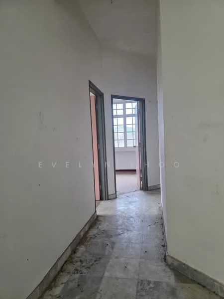 Room features: white painted walls, grey flooring, door frames, window with grid pattern, hallway layout, natural light from window.