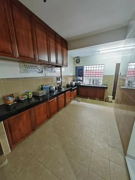 Kitchen features: brown wooden cabinetry, black countertop, double-bowl stainless-steel sink, chrome pull-down faucet, built-in oven, freestanding range oven, microwave, ceramic tile flooring, wall-mounted air conditioning unit, window with metal grille, kitchen appliances, tile backsplash; style: modern.