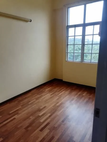 Bedroom features: light yellow painted walls, wooden flooring, large window with multiple panes, curtain rod, view of greenery outside; view: garden.