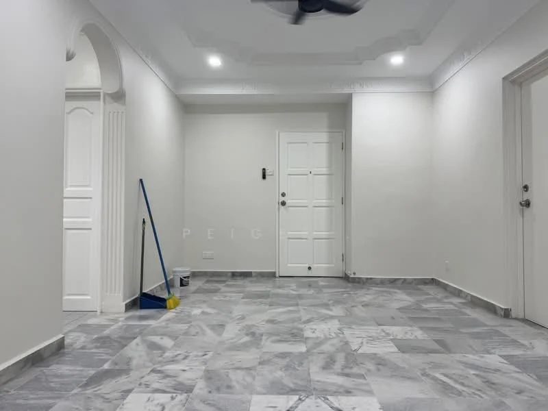 Room features: white painted walls, marble flooring, tray ceiling, ceiling fan, main entrance door, interior doors, cleaning supplies, light switch; style: modern.