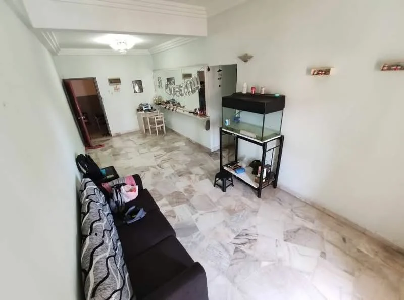 Living features: marble flooring, white painted walls, ceiling rose, 3-seater fabric sofa in dark color, fish tank, decorative wall shelves, dining table with chairs, light fixture on ceiling; style: modern.