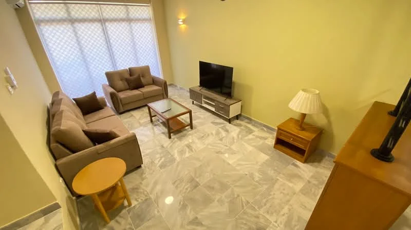 Living features: grey fabric 3-seater sofa, grey fabric 2-seater sofa, glass coffee table, wooden side table, TV console in white and grey, wall-mounted TV, marble flooring, recessed wall lighting, floor-to-ceiling windows with sheer curtains, decorative lamp; style: modern.