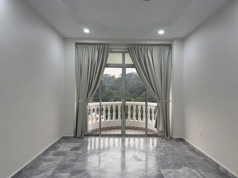 Room features: white painted walls, marble flooring, floor-to-ceiling windows, curtains, balcony with railing, recessed downlights, crown moulding; style: modern; view: garden.