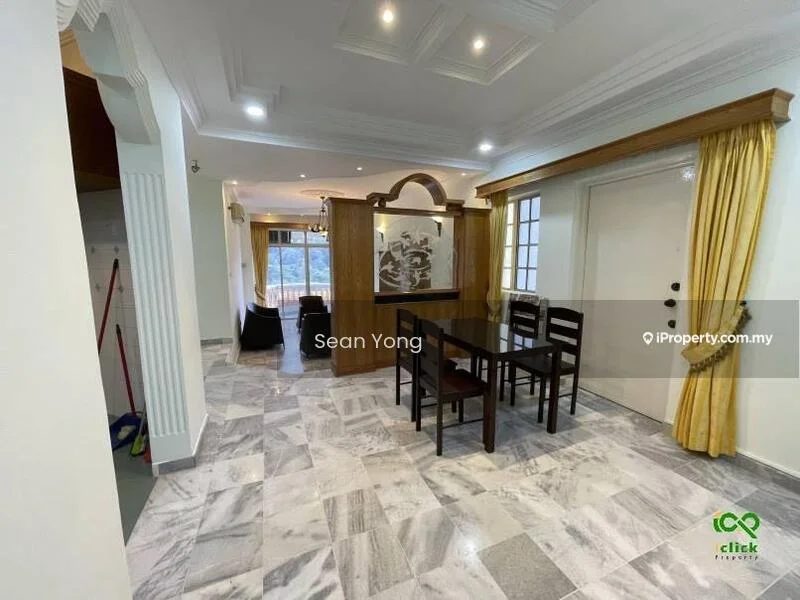Dining features: marble tile flooring, white painted walls, tray ceiling with recessed lighting, wooden dining table with four chairs, large window with sheer curtains, decorative wall panel, yellow curtains, open layout to living area; style: modern; view: city. Living features: marble tile flooring, white painted walls, large window with city view, sofa set, coffee table, decorative wall art; style: modern; view: city.