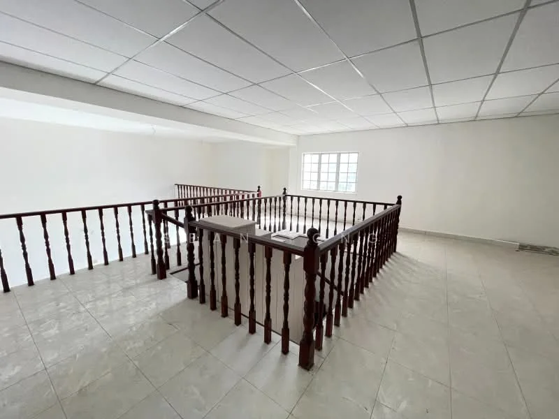 Room features: white painted walls, tile flooring, drop ceiling, wooden railing, large window, open layout, natural light, spacious area; style: modern.