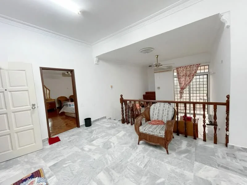 Living features: marble flooring, white painted walls, 5-blade ceiling fan with light, large window with sheer curtains, wooden railing, sofa chair with patterned upholstery, decorative throw pillow, open layout to adjacent rooms; style: modern. Room features: wooden door, light fixture, staircase leading to upper level.