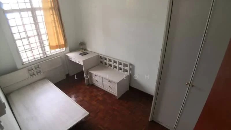 Room features: wooden flooring, white painted walls, single window with grid pattern, orange sheer curtains, white bedside table, white chest of drawers, white desk, built-in wardrobe with sliding doors; style: minimalist.