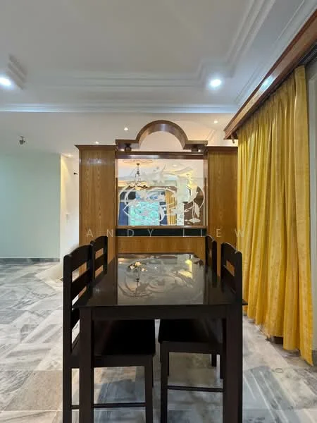 Dining features: dark wooden dining table, 4 wooden dining chairs, marble flooring, yellow curtains, wooden feature wall with artwork, recessed downlights, ceiling fan, decorative wall panel; style: modern.