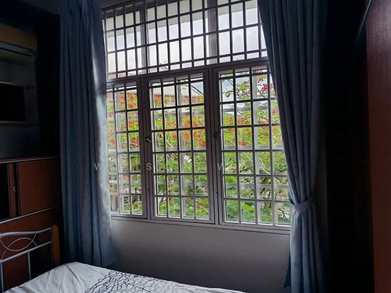 Room features: window with grid pattern, blue curtains, white walls, bed with white bedding, wooden furniture, decorative plants visible outside; view: garden.
