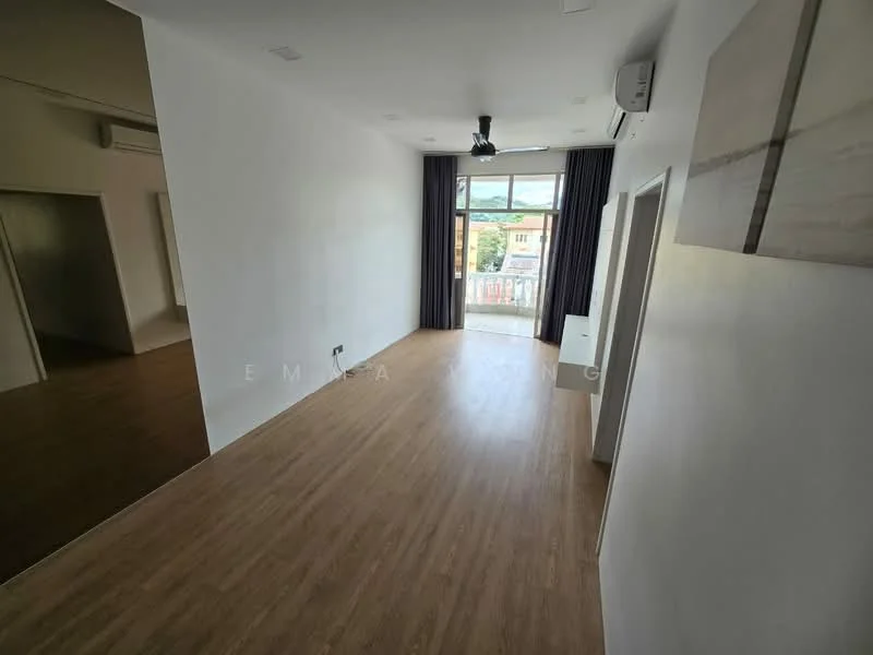 Living features: laminate flooring, white painted walls, floor-to-ceiling windows, blackout curtains, 5-blade ceiling fan with light, air conditioning unit, balcony access, decorative wall art; style: modern; view: city.