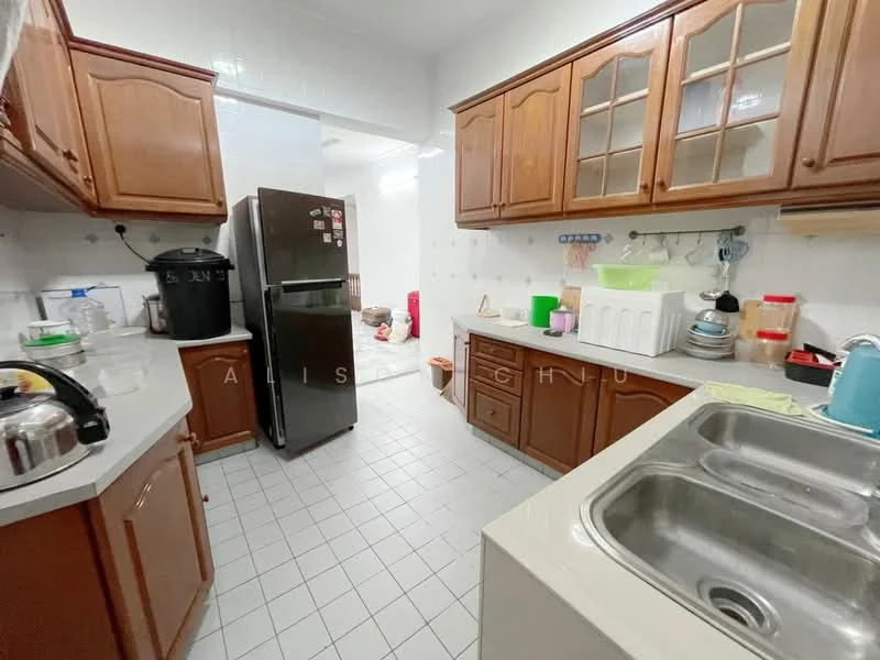 Kitchen features: brown wooden cabinetry, white tiled backsplash, grey countertop, double-bowl stainless-steel sink, chrome pull-down faucet, stainless-steel fridge, microwave, kettle, plastic storage containers, various kitchen utensils, white dish rack, floor tiles, wall-mounted shelves; style: traditional.