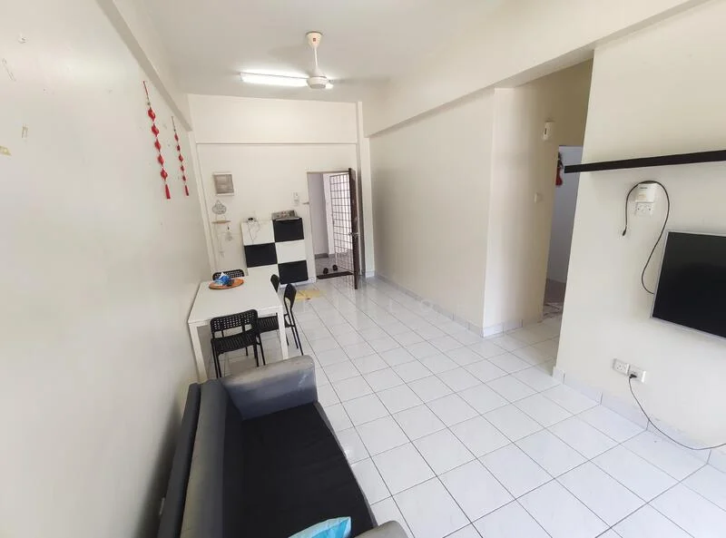 Living features: white painted walls, white tiled flooring, 5-blade ceiling fan with light, sofa in dark grey, coffee table, TV mounted on wall, black dining table with four chairs, open layout, doorway leading to other rooms; style: modern.