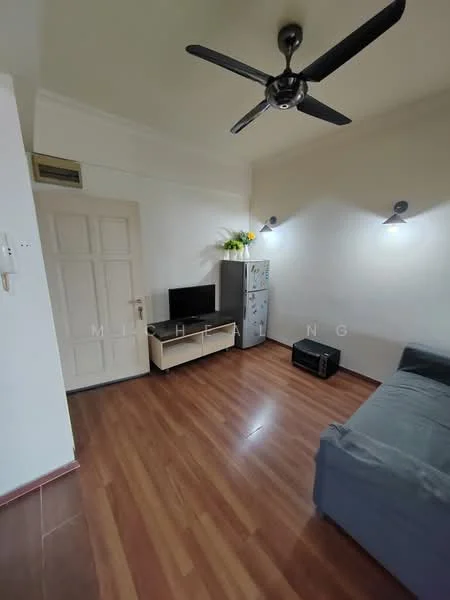 Living features: laminate flooring, white painted walls, 5-blade ceiling fan, wall-mounted TV, TV console, refrigerator, decorative plants, sofa, wall sconces.
