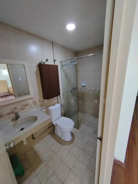 Bathroom features: single-sink vanity with wood cabinet, chrome basin mixer, framed mirror, one-piece toilet, walk-in shower with glass enclosure, tile cladding, light beige wall tiles, beige floor tiles, recessed downlights; style: modern.