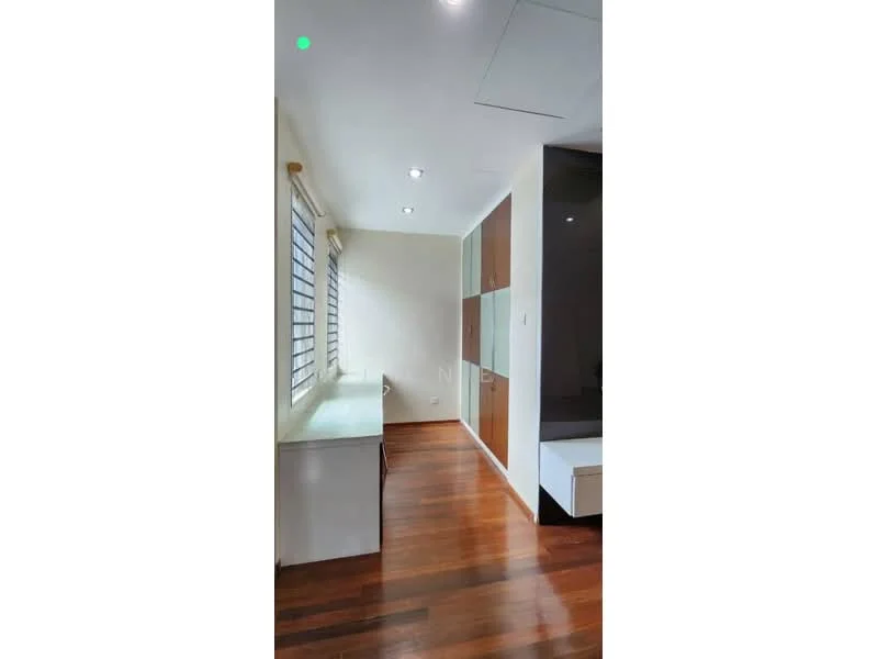 Room features: wooden flooring, white painted walls, ceiling lights, window with blinds, built-in cabinetry, corner desk area, neutral color scheme, open layout; style: modern.