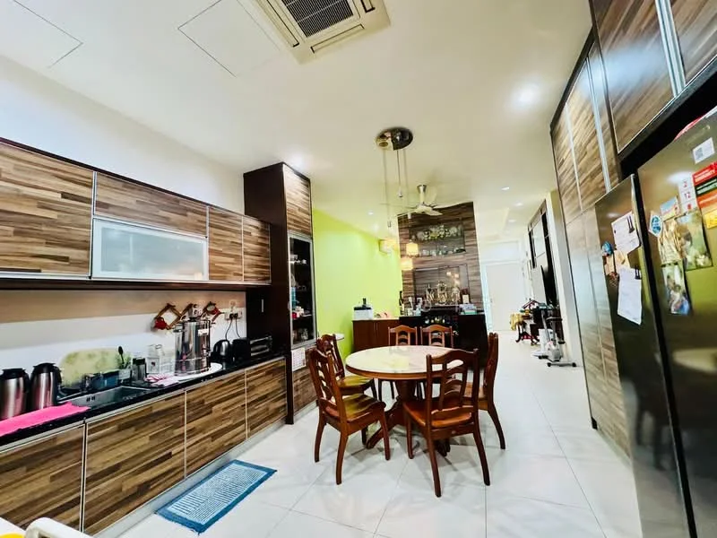 Kitchen features: brown wooden cabinetry, white countertop, stainless-steel fridge, built-in oven, 4-burner gas hob, stainless-steel sink, chrome pull-down faucet, dining table with 4 wooden chairs, tile flooring, recessed downlights, wall-mounted split AC, decorative wall with green paint; style: modern.