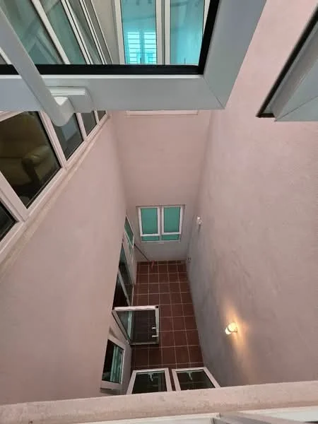 Room features: white painted walls, brown tiled flooring, multiple windows, glass doors, overhead light fixture.