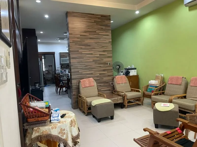 Living features: green painted walls, feature wall with wood paneling, white ceiling, recessed downlights, 4 reclining chairs with cushions, small round table, floor tiles, wall-mounted fan, open layout to dining area, decorative throw blankets; style: modern.