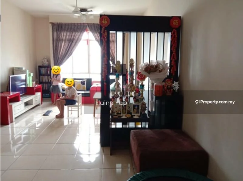 Living features: white painted walls, glossy tile flooring, 5-blade ceiling fan, large window with sheer curtains, TV console in white, wall-mounted TV, red accent chairs, decorative partition with display shelves, brown upholstered ottoman, decorative figurines on shelves, area rug, dining table with chairs; style: modern; view: city.