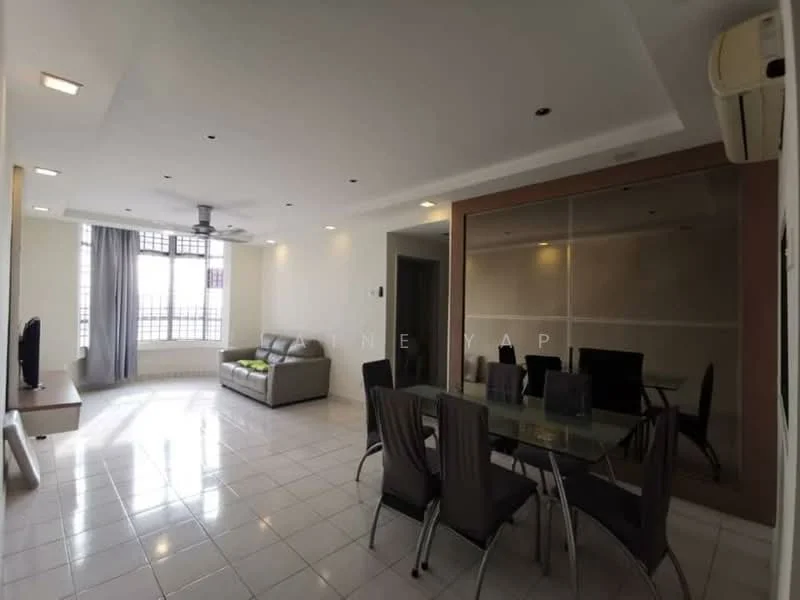 Living features: white painted walls, glossy white tile flooring, 5-blade ceiling fan with light, sofa in grey, TV console, wall-mounted TV, area rug, large windows with grid pattern, dining table with grey upholstered chairs, decorative wall mirror; style: modern.
