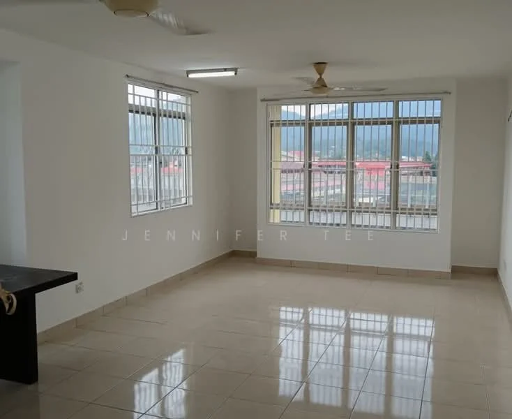 Living features: white painted walls, ceramic tile flooring, 5-blade ceiling fan, floor-to-ceiling windows, window treatments with vertical blinds, natural light from multiple windows, neutral color scheme, spacious layout; style: modern; view: city.