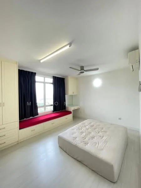 Bedroom features: white painted walls, light wood flooring, 5-blade ceiling fan, floor-to-ceiling window, blackout curtains, built-in wardrobe with drawers, window seat with red cushion, air conditioning unit; style: modern; view: city.