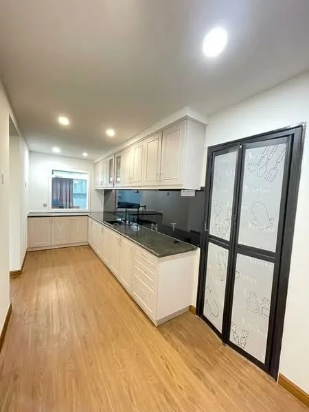 Kitchen features: white shaker cabinets, black granite countertop, stainless-steel sink, chrome pull-down faucet, built-in oven, freestanding range oven, ceramic tile backsplash, recessed LED downlights, laminate flooring, glass sliding door with decorative pattern, wall-mounted cabinets, open shelving; style: modern.
