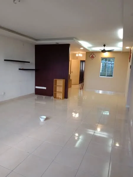 Living features: white painted walls, glossy ceramic tile flooring, tray ceiling with recessed lighting, ceiling fan, built-in shelving unit, open layout, large window with view, neutral color scheme; style: modern; view: garden.