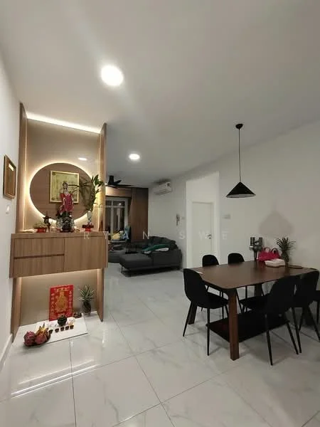 Dining features: white painted walls, marble tile flooring, recessed downlights, pendant light, dining table with 6 black chairs, wooden sideboard with decorative items, decorative wall art, indoor plants, sofa in grey fabric, air conditioning unit; style: modern.