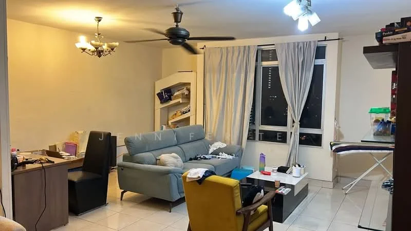 Living features: 3-seater fabric sofa in light blue, yellow upholstered armchair, white coffee table, wooden desk, black office chair, ceiling fan with light, chandelier, floor-to-ceiling windows with sheer curtains, white walls, tile flooring, ironing board, decorative items on shelves; style: modern; view: city.