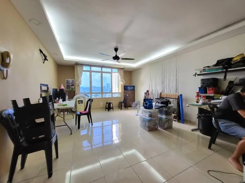 Living features: floor-to-ceiling windows, white painted walls, recessed LED downlights, 5-blade ceiling fan, glossy ceramic tile flooring, open shelving, plastic chairs, dining table, storage boxes, decorative wall, view of the city skyline; style: modern; view: city.