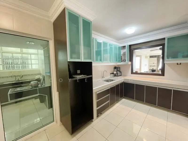 Kitchen features: white cabinets with glass fronts, dark wood lower cabinets, stainless-steel sink, chrome pull-down faucet, white countertop, built-in coffee machine, built-in microwave, ceramic tile flooring, recessed downlights, window with view to adjacent room, open shelving, kitchen island, wall-mounted cabinets; style: modern.