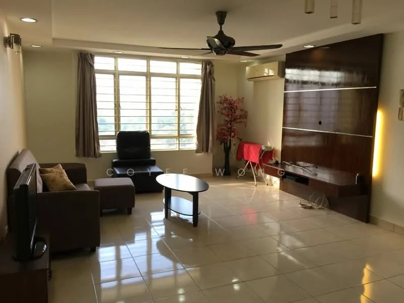 Living features: cream painted walls, glossy tile flooring, 5-blade ceiling fan with light, floor-to-ceiling windows, black leather armchair, brown fabric 3-seater sofa, round coffee table, wooden TV console, decorative plant, curtains, wall-mounted TV, cable management, light fixtures; style: modern; view: city.