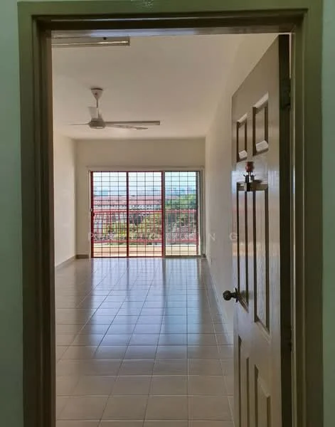 Room features: white painted walls, tiled flooring, ceiling fan, large windows with metal grilles, view of outdoor space, door with knob, neutral color scheme; style: modern; view: garden.