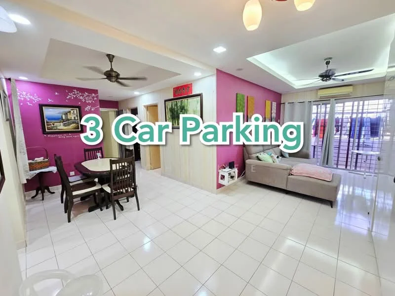Living features: white tiled flooring, pink accent wall, ceiling fan with light, sofa, dining table with chairs, wall-mounted artwork, sliding glass door, curtains, recessed lighting; style: modern. Dining features: dining table with 6 chairs, white walls, decorative wall art; style: modern.