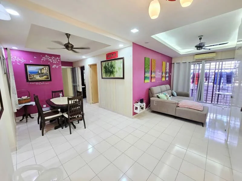 Living features: light grey fabric sectional sofa, white coffee table, wall-mounted TV, ceiling fan with light, white tiled flooring, pink accent wall with floral design, three framed artworks, sliding glass door with sheer curtains, decorative wall shelves, area rug; style: modern; view: city. Dining features: round dining table, four wooden dining chairs, white tablecloth, framed artwork on wall, ceiling fan, white tiled flooring; style: modern.