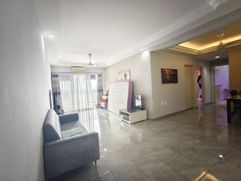 Living features: grey fabric sofa, floor-to-ceiling windows, white painted walls, recessed downlights, marble tile flooring, ceiling fan, TV console, decorative artwork, sliding glass door, curtains; style: modern; view: city.