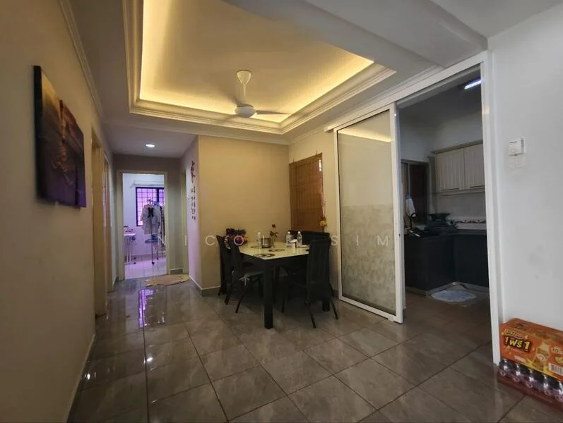 Dining features: grey tiled flooring, white painted walls, tray ceiling with recessed lighting, ceiling fan, dining table for four, black dining chairs, open doorway to kitchen, wall-mounted artwork; style: modern. Kitchen features: black cabinetry, stainless-steel sink, built-in stove, tile backsplash, open layout to dining area; style: modern. Hallway features: grey tiled flooring, white painted walls, doorway leading to bathroom, doorway leading to other rooms.