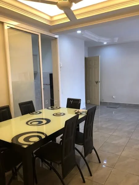 Dining features: dining table with circular pattern, black dining chairs, grey tiled flooring, white painted walls, ceiling with recessed lighting, ceiling fan, glass sliding doors, door leading to another room; style: modern. Room features: grey tiled flooring, white painted walls, door leading to hallway.