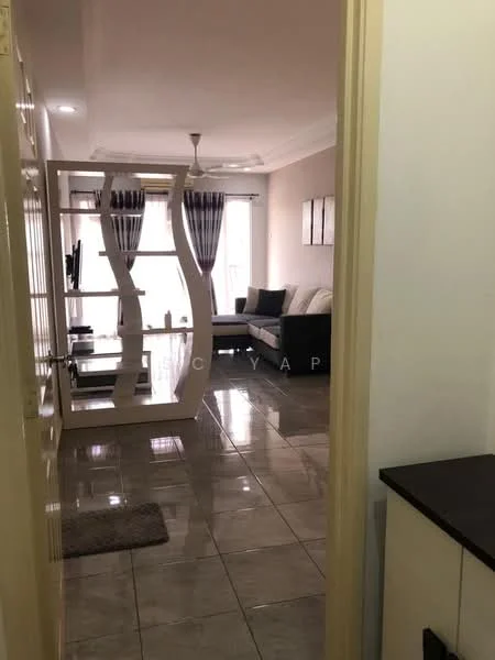 Living features: grey tiled flooring, white walls, floor-to-ceiling windows, black and white striped curtains, sofa in beige, TV console, wall-mounted TV, decorative wall art, area rug, coffee table; style: modern; view: city. Room features: door frame, white painted door, dark countertop.