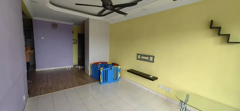 Living features: yellow painted walls, purple accent wall, laminate flooring, 5-blade ceiling fan, wall-mounted TV console, glass coffee table, colorful playpen, decorative wall shelf, wall clock; style: modern.