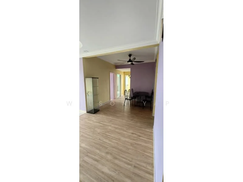 Room features: light wood laminate flooring, painted walls in cream and lavender, ceiling with crown moulding, 5-blade ceiling fan, dining table with chairs, glass display cabinet, doorway leading to other rooms; style: modern.
