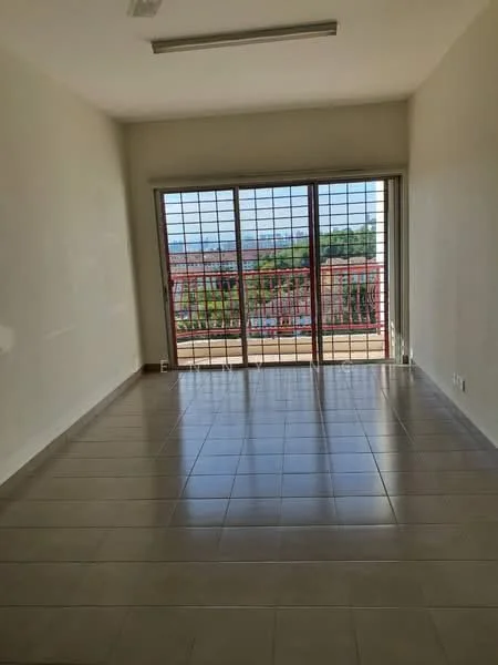 Room features: white painted walls, tile flooring, large sliding glass door, grill security bars on door, natural light from large window, view of outdoor area, neutral color scheme, ceiling light fixture; style: modern; view: garden.