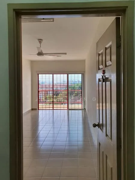 Room features: white painted walls, tiled flooring, ceiling fan, large windows, sliding glass door, view of outdoor space, natural light, open layout; view: garden.